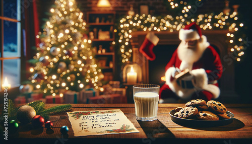 Serene Christmas scene with tree, cookies, milk, and Santa Claus