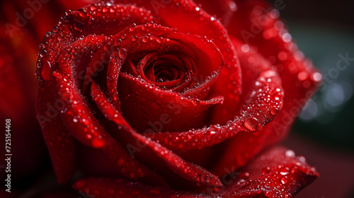 Close-up of a red rose  detailed petals and dew drops  romantic and elegant background
