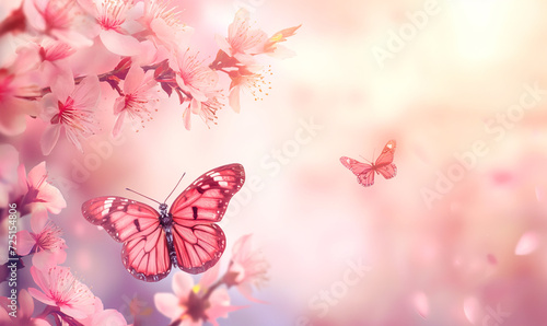 Spring banner background with pink blossom and flying butterfly © Natali