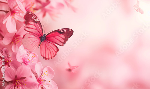 Spring banner background with pink blossom and flying butterfly © Natali