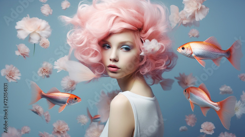 Artsy portrait of beautiful woman with surreal fish