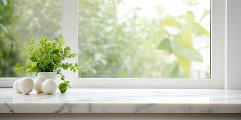 White marble top on kitchen window background for product or food display.
