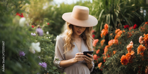 Woman in a hat is looking at her phone in a flower garden © britaseifert