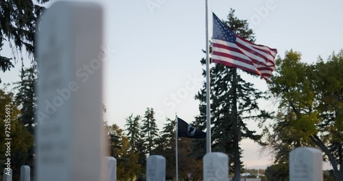 Military National Cemetery & Tombstones, American Flag, POW Flag, Sunset Golden Hour
