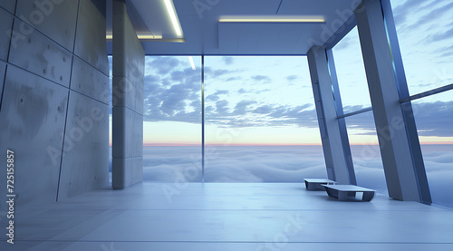 Serene office with floor-to-ceiling windows offering a view above the clouds at dusk