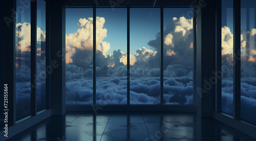 Modern high-rise office view, overlooking a dense sea of clouds at dusk