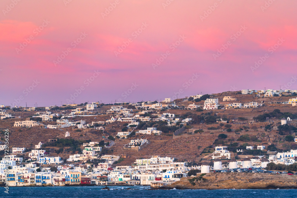 Skyline of Mykonos village at sunset.  Mykonos island. Greece