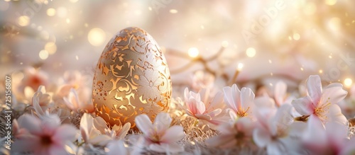 Golden Egg Amidst Spring Blossoms - A Celebration of Nature's Beauty, Tranquility, and Renewal - Intricate Artistry and Craftsmanship in a Serene, Ethereal Atmosphere - Symbolism of New Beginnings an