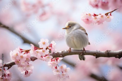 Delicate Shima Enaga bird among cherry blossoms, encapsulated by AI Generative. © Alisa