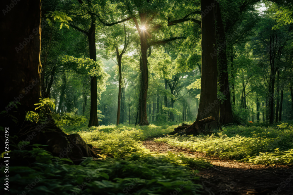 Feel the tranquility of a sunlit woodland where green trees and dappled sunlight paint a serene picture offering a peaceful atmosphere. AI generative.