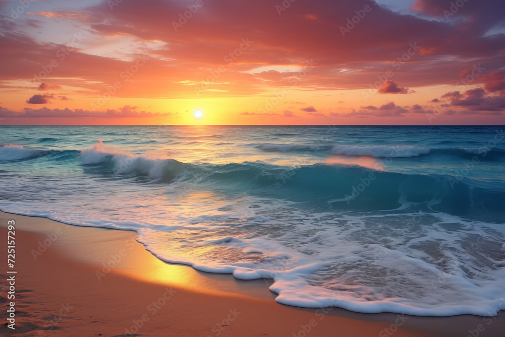 A serene beachscape with a sunset horizon. AI Generative