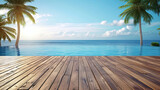 Tranquil wooden deck leads to serene infinite pool, tropical escape, AI Generative.