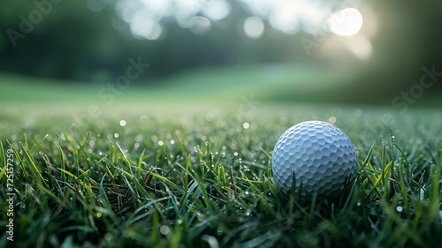 Close-up of a golf ball on dewy grass, awaiting the next swing at dawn's light, AI Generative.