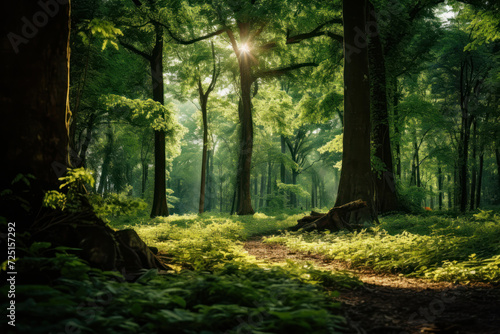 Feel the tranquility of a sunlit woodland where green trees and dappled sunlight paint a serene picture offering a peaceful atmosphere. AI generative.
