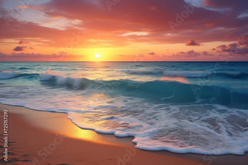 A serene beachscape with a sunset horizon. AI Generative © Alisa