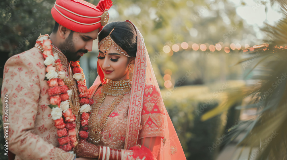 Portrait of an Indian wedding couple posing for a photo.