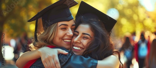 Two women, related, embracing with diploma at university campus.