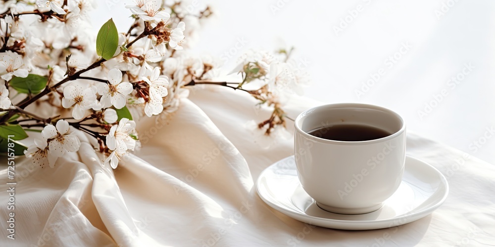 Coffee and flowers on a table with a tablecloth, white wall in the background. Nordic home decor.