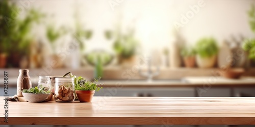 Wooden table with blurred kitchen backdrop for showcasing products or designing visual layouts. © Vusal