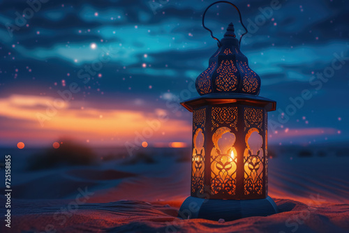 Ramadan background design colourful lantern lamp with dates and tasbih isolated on beige background, Islamic concept Ramadan and Eid Mubarak image