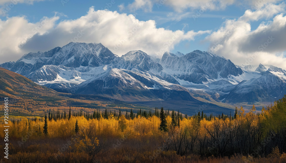 Snowy mountains of Alaska, landscape with forests, valleys, and rivers in daytime. Breathtaking nature composition background wallpaper, travel destination, adventure outdoors