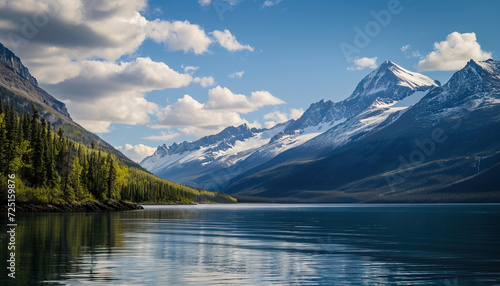 Snowy mountains of Alaska, landscape with forests, valleys, and rivers in daytime. Breathtaking nature composition background wallpaper, travel destination, adventure outdoors © Gajus