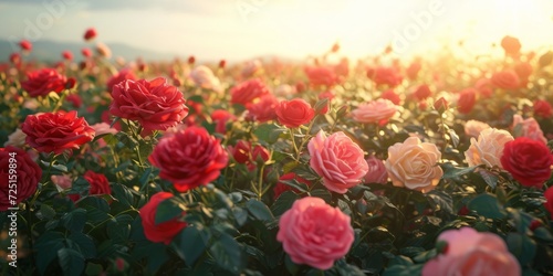 Indulge in the Serenity of a Blooming Rose Garden  Witness a Harmonious Fusion of Vibrant Colors and Delicate Petals Bathed in the Tender Glow of Sunlight