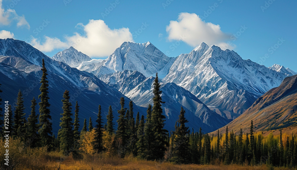 Snowy mountains of Alaska, landscape with forests, valleys, and rivers in daytime. Breathtaking nature composition background wallpaper, travel destination, adventure outdoors