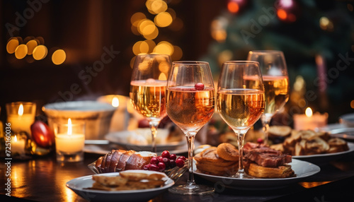 Celebration night, wine drink, candlelit gourmet meal, luxury winter party generated by AI