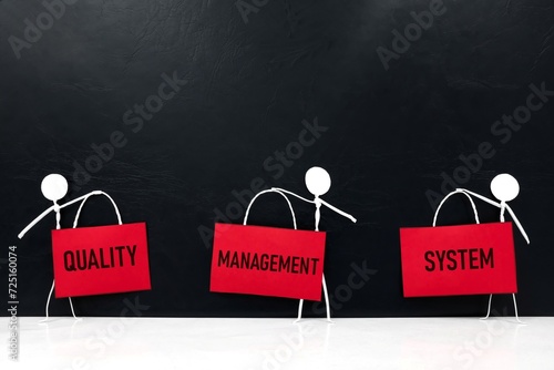 QMS or quality management system concept. Stick figure holding placard.