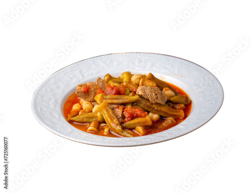 Bamya, Turkish traditional food. (Turkish cuisine) Homemade Food Okra in Plate. Organic Food.
