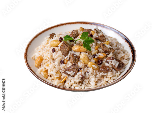 Traditional delicious Turkish food; rice pilaf with pine nuts and currants (Turkish name; bademli ic pilav or pilaf) photo