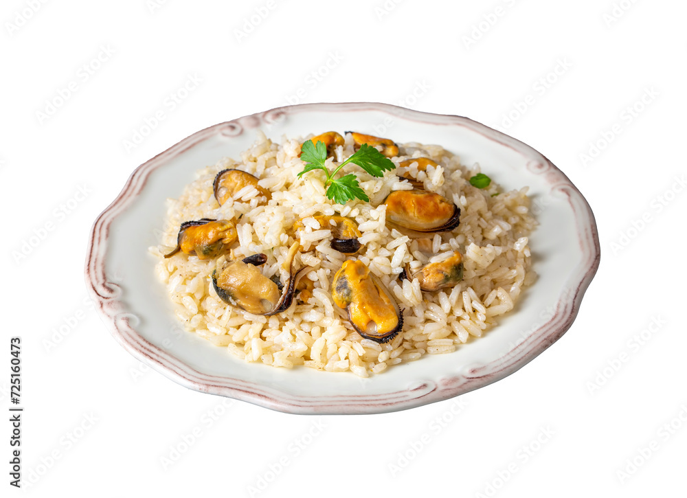 Mussel rice pilaf. Rice with mussels on small white plate on ceramic. (Turkish name; midyeli pilav) Mussel rice pilaf. Rice with mussels on small white plate on ceramic. (Turkish name; midyeli pilav)