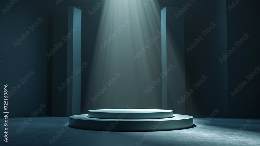 A modern circular podium bathed in a dramatic spotlight, creating a focused and atmospheric setting suitable for high-end product displays and presentations. A modern circular podium bathed in a dramatic spotlight, creating a focused and atmospheric setting suitable for high-end product displays and presentations.