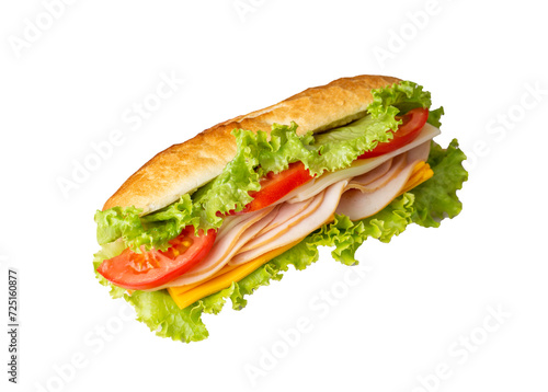 Cheese, ham, lettuce and tomato slices in an appetizing tasty sandwich.