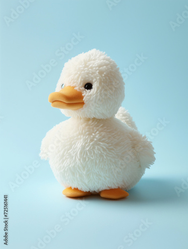 3d illustration of a cute soft white ducky toy on an azure simple background. Doll in the shape of a duckling for child isolated on plain backdrop. Duck baby stuff plush. fluffy lovable goose