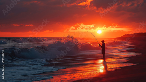 A man is fishing for fish on the beach in a sea at sunset