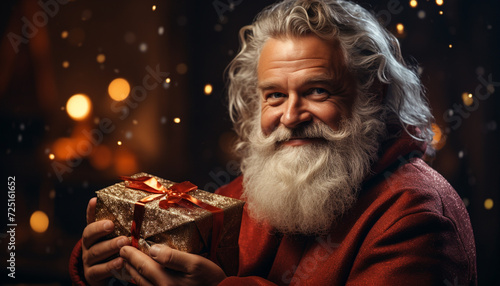 A joyful senior man holding a wrapped Christmas present indoors generated by AI