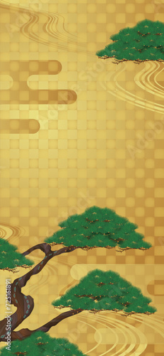 日本風の背景。松とエ霞と金色の背景の縦長イラスト