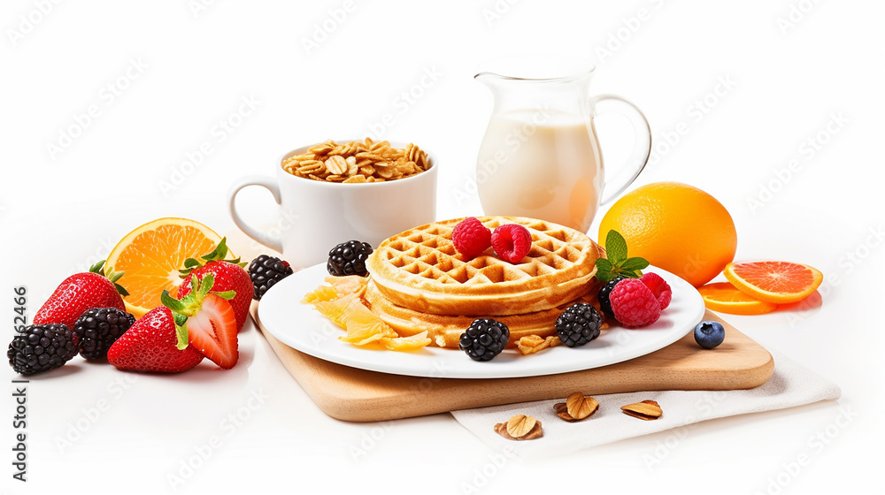 Healthy breakfast eating concept various morning food with waffle and friuts Healthy breakfast eating concept various morning food with waffle and friuts