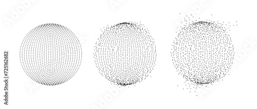 Set of dotted spheres with dissolve effect. Stipple disintegrating circle collection. Halftone textured balls with noise dot work grain. Radial grunge particles. Dot sphere bubble bundle. Vector pack