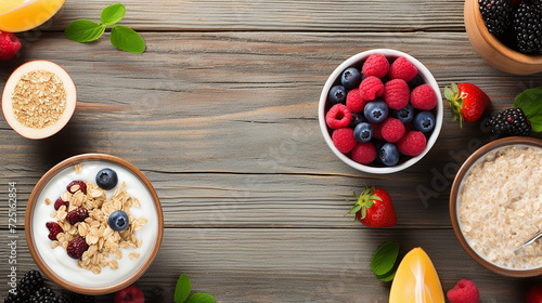 Healthy breakfast table scene with fruit yogurts oat on wooden table