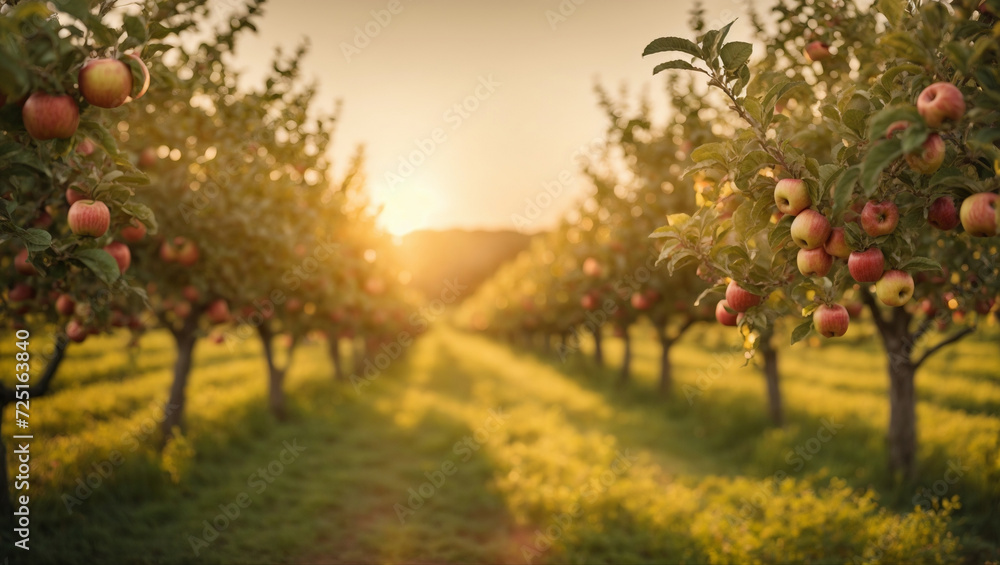Fototapeta premium Sunset Serenity: Apple Orchard Beauty during the Golden Hour