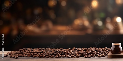 Wooden table for displaying products with coffee shop background. © Lasvu