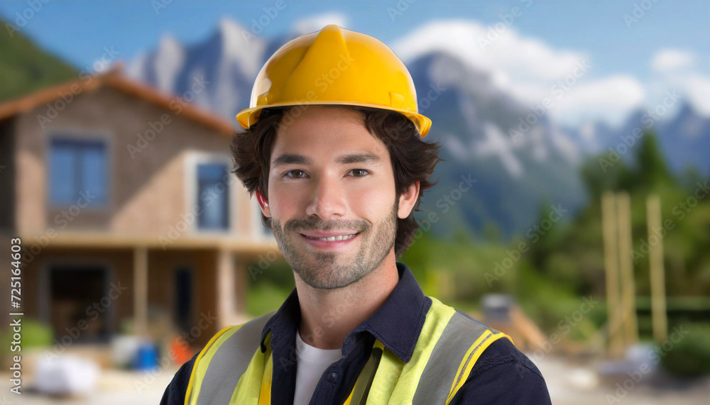 Fototapeta premium Portrait of a young construction worker standing in front of a new house