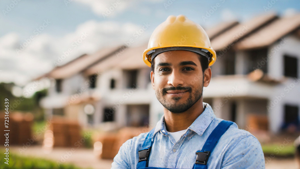 Portrait of a young construction worker standing in front of a new house Portrait of a young construction worker standing in front of a new house
