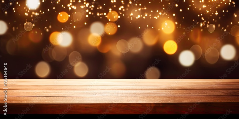 Bokeh background with an empty wooden table. Bokeh background with an empty wooden table.