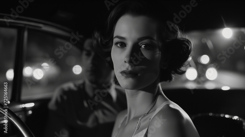 Beautiful woman in car, black and white, film noir