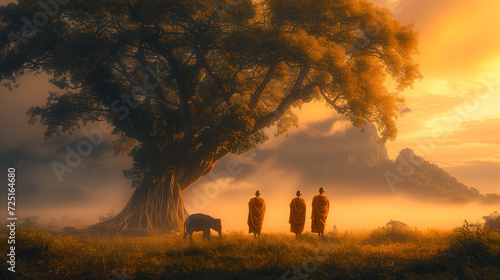 Thai monks walking in the rice fields at sunrise in Thailand with mist an fog and Elephants © Chirapriya