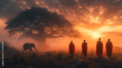 Thai monks walking in the rice fields at sunrise in Thailand with mist an fog and Elephants at the rural countryside © Chirapriya